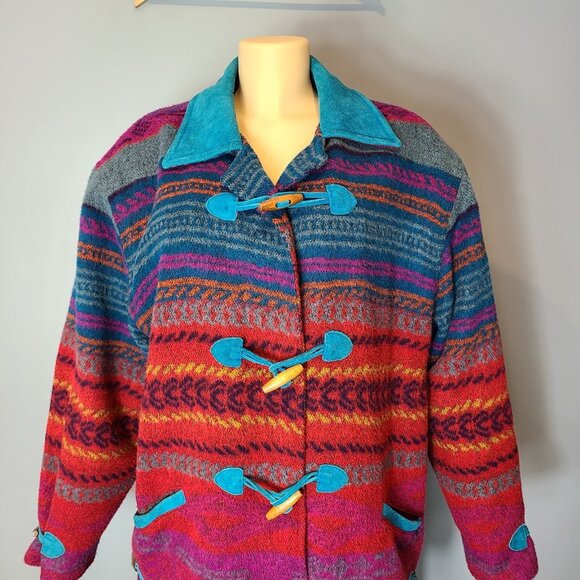 Vintage 90s Kathryn Deene Aztec Blanket Coat Wool Leather Size 14/16 Western - Picture 9 of 13